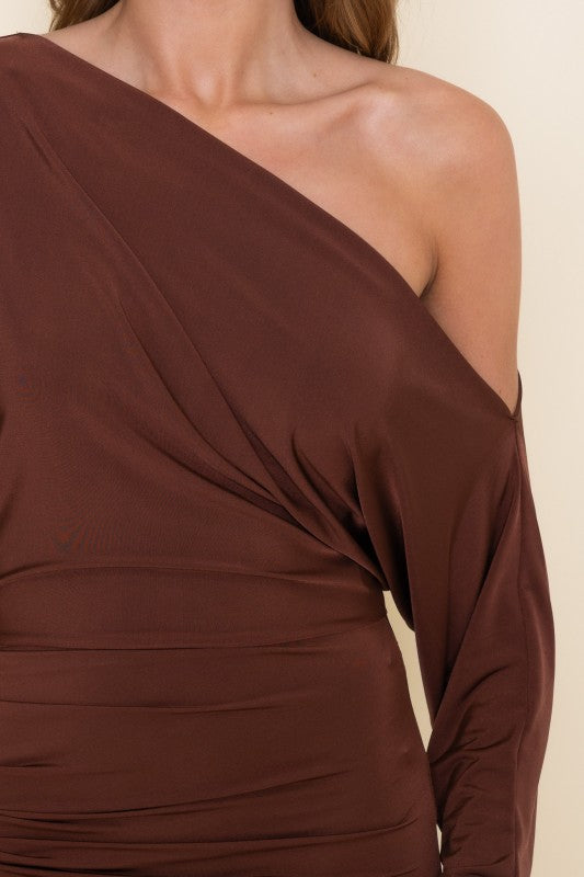  Long Sleeve Off The Shoulder Maxi Dress Brown