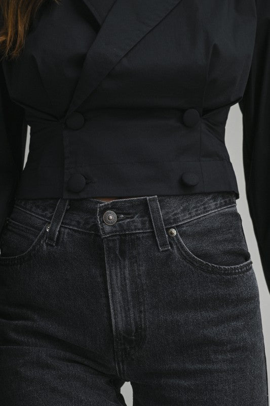 Long Sleeve Double Breasted Crop Top Black