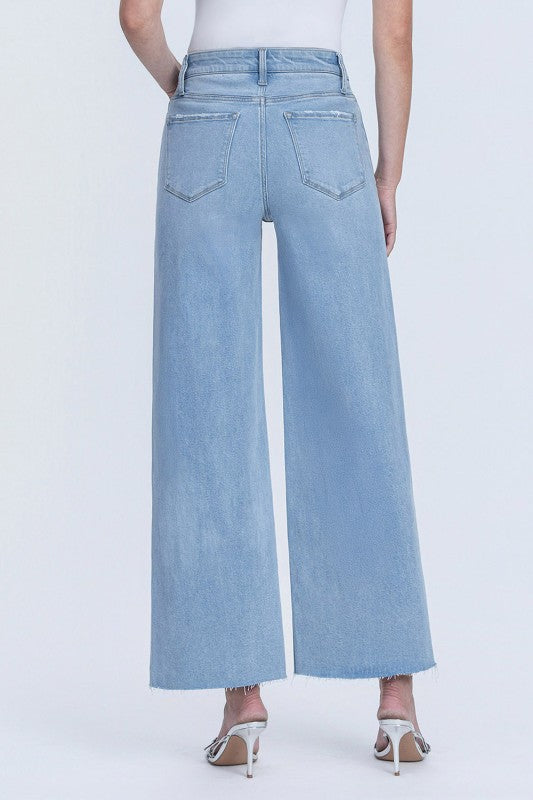 High Rise Raw Hem Wide Leg Jeans Light Wash