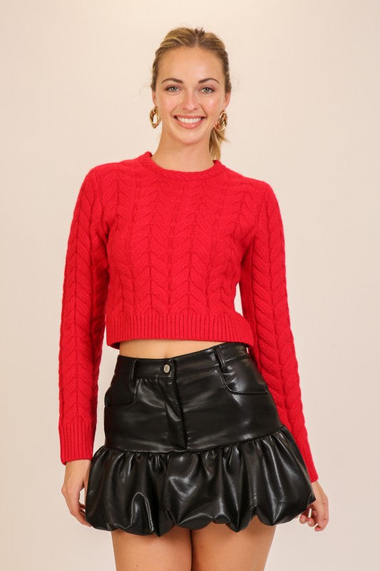 Long Sleeve Cable Knit Sweater Red