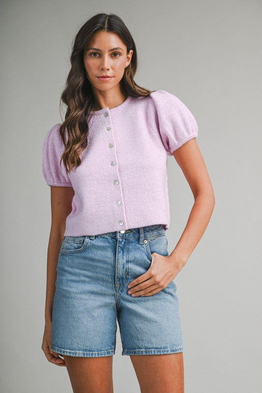 Short Puff Sleeve Button Down Knit Top Pink