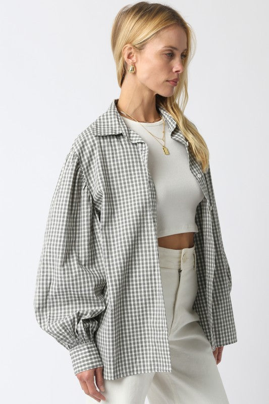 Long Balloon Sleeve Button Down Gingham Print Top Black