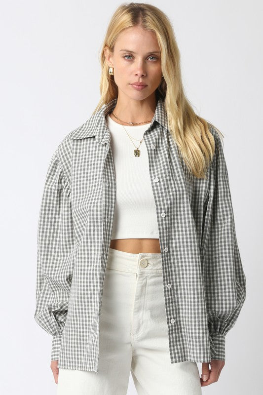 Long Balloon Sleeve Button Down Gingham Print Top Black