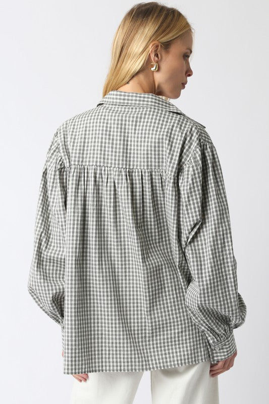 Long Balloon Sleeve Button Down Gingham Print Top Black