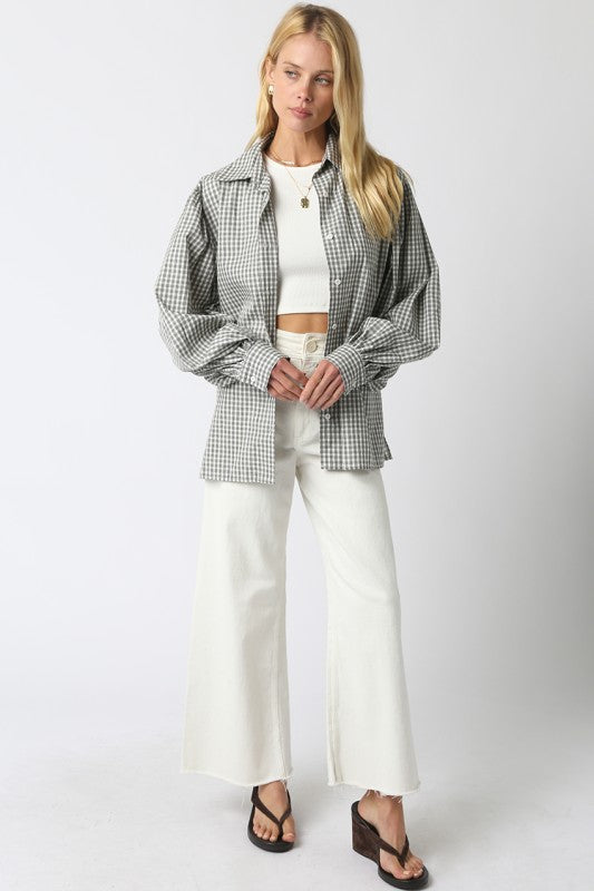 Long Balloon Sleeve Button Down Gingham Print Top Black