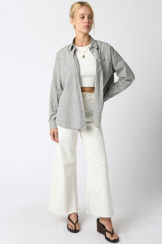 Long Sleeve Button Down Gingham Print Top Black