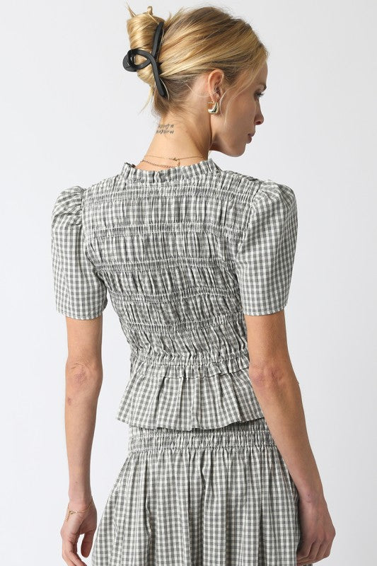 Short Sleeve Ruffled Crop Top And Gingham Skirt Set Black
