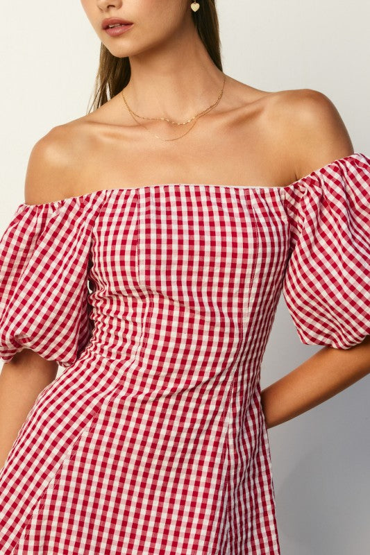 Off The Shoulder Gingham Print Mini Dress Red