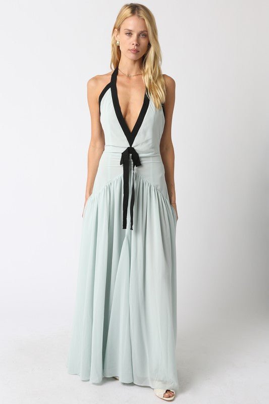 Sleeveless Halter Contrast Ribbon Maxi Dress Mint