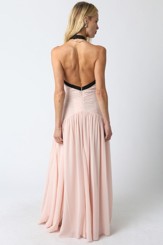 Sleeveless Halter Contrast Ribbon Maxi Dress Coral