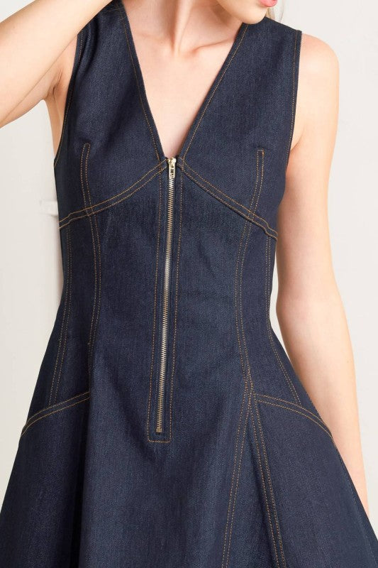 Sleeveless Zip Up Denim Mini Dress Dark Wash