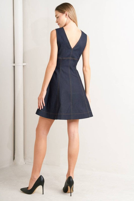 Sleeveless Zip Up Denim Mini Dress Dark Wash