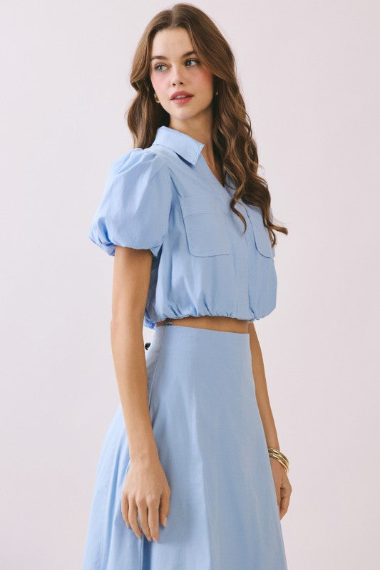 Short Bubble Sleeve Contrast Stitch Crop Top Blue
