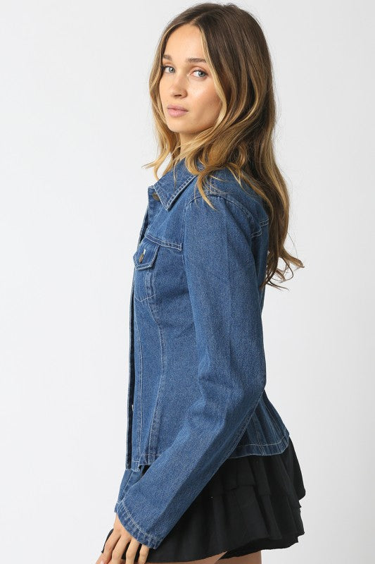 Long Sleeve Button Down Denim Top Dark Wash