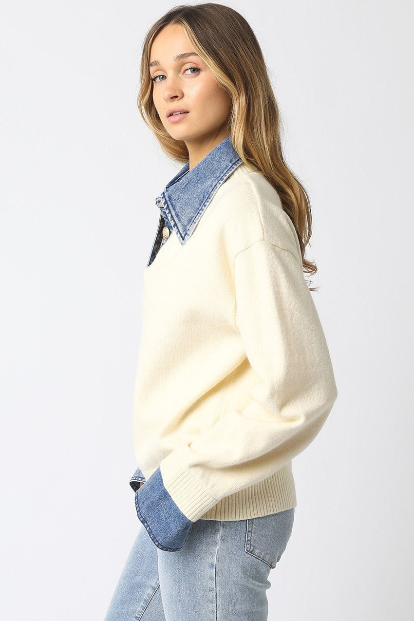 Long Sleeve Contrast Denim Knit Top Ivory