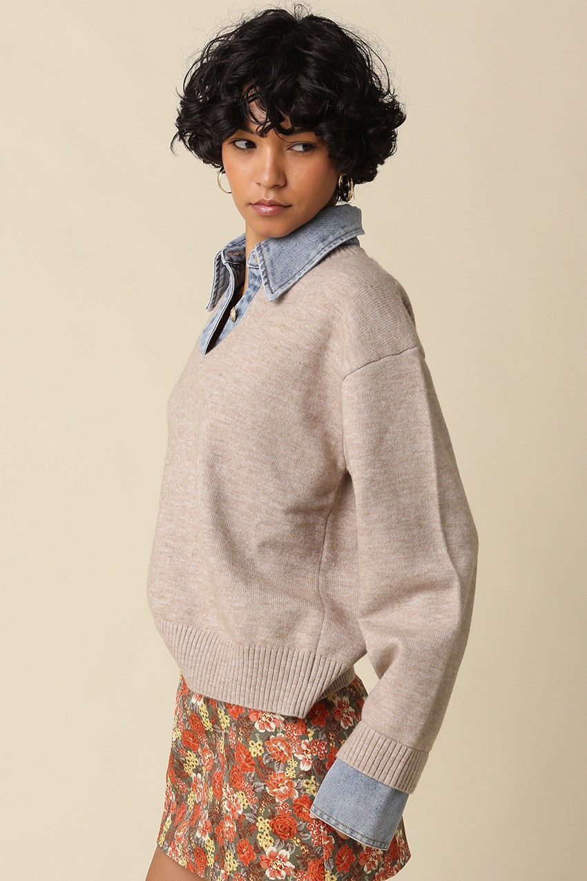 Long Sleeve Contrast Denim Knit Top Khaki