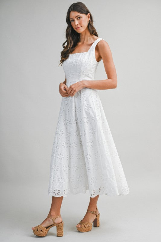 Petal Sleeveless Floral Eyelet Lace Midi Dress White SMALL