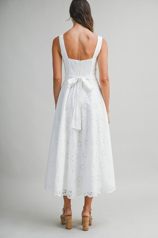 Petal Sleeveless Floral Eyelet Lace Midi Dress White SMALL