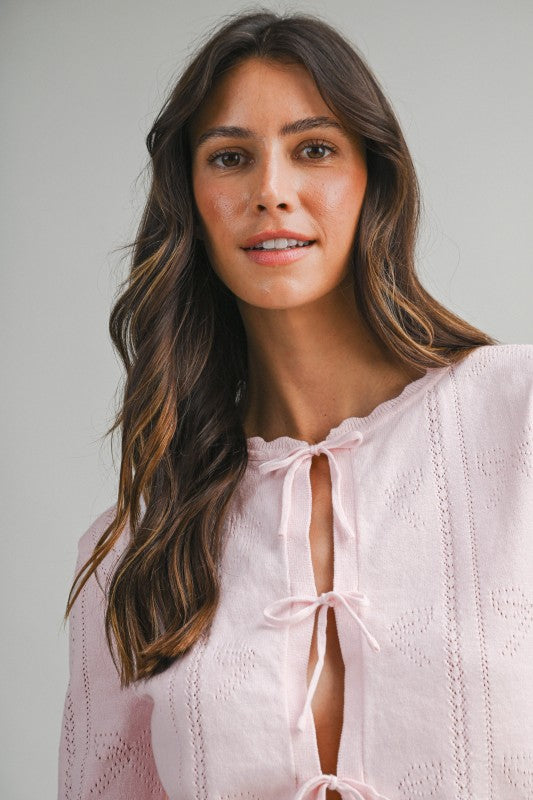 Long Sleeve Tie Front Knit Cardigan Pink