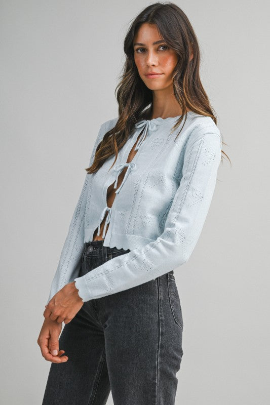 Long Sleeve Tie Front Knit Cardigan Blue