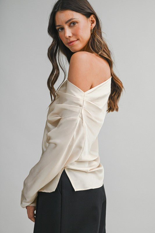 One Shoulder Long Sleeve Satin Top Champagne