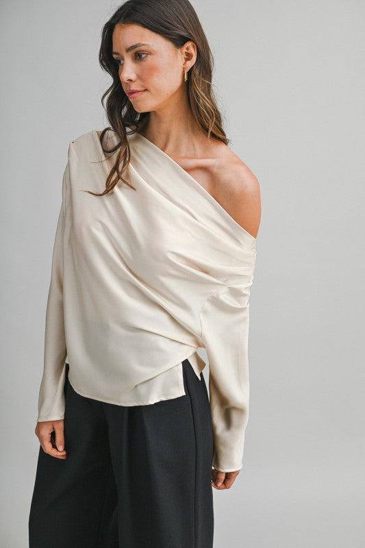 One Shoulder Long Sleeve Satin Top Champagne