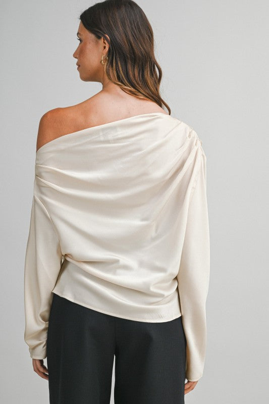 One Shoulder Long Sleeve Satin Top Champagne