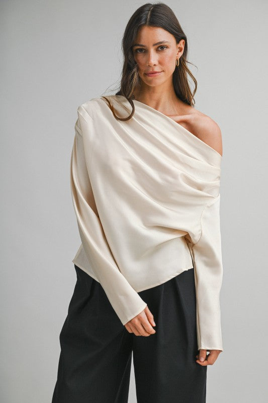 One Shoulder Long Sleeve Satin Top Champagne