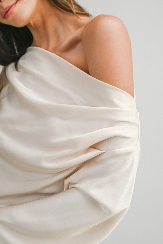 One Shoulder Long Sleeve Satin Top Champagne