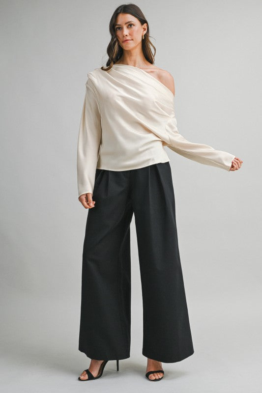 One Shoulder Long Sleeve Satin Top Champagne