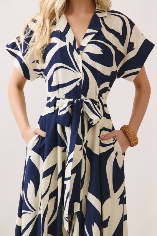 Short Sleeve Waist Tie Floral Print Maxi Dress Navy