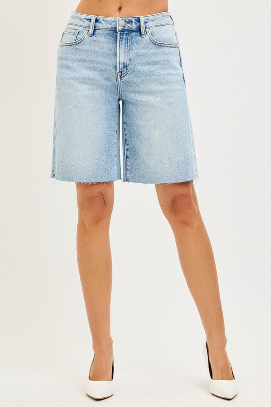 High Rise Raw Hem Denim Bermuda Shorts Light Wash