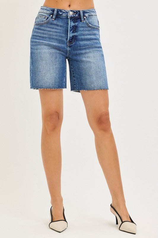 High Rise Raw Hem Denim Shorts Medium Wash