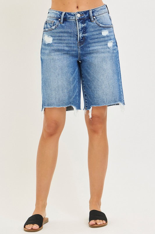  High Rise Raw Hem Denim Shorts Bermuda Medium Wash