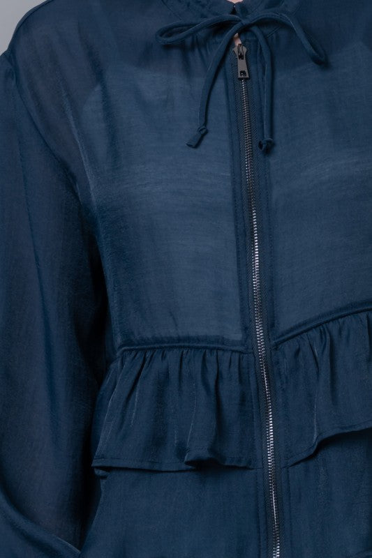 Long Sleeve Ruffle Tiered Jacket Navy