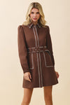 Long Sleeve Belted Contrast Stitch Mini Dress Brown