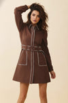 Long Sleeve Belted Contrast Stitch Mini Dress Brown