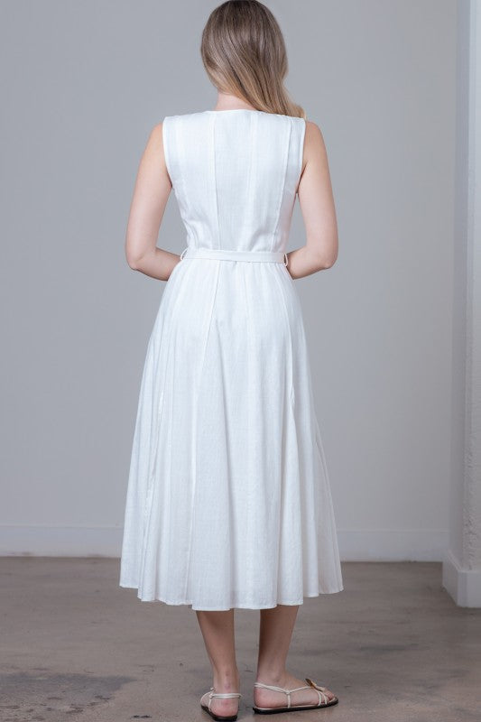 belted linen midi dress BELTED LINEN BLEND MIDI DRESS - Blue
