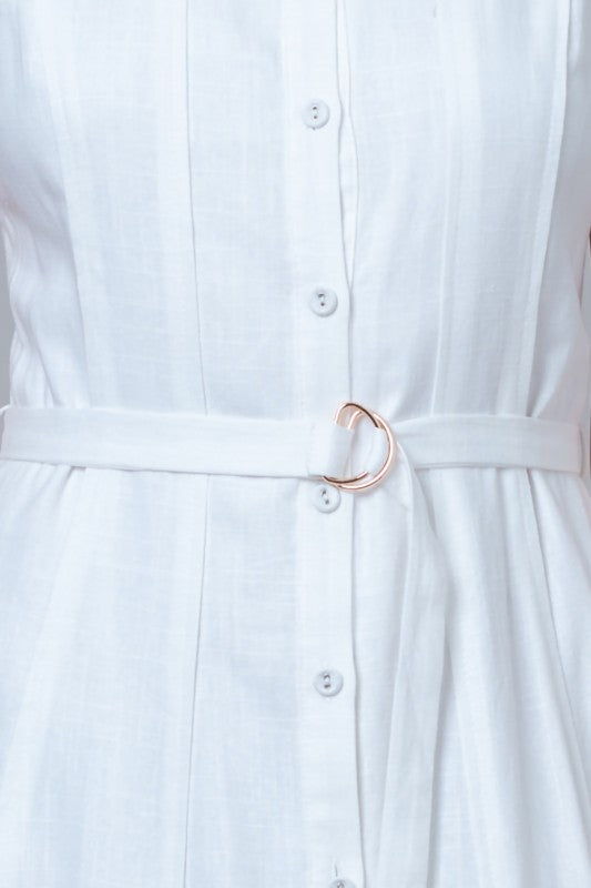 Sleeveless Button Down Belted Linen Midi Dress White