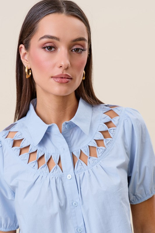 Short Sleeve Button Down Cut Out Top Blue