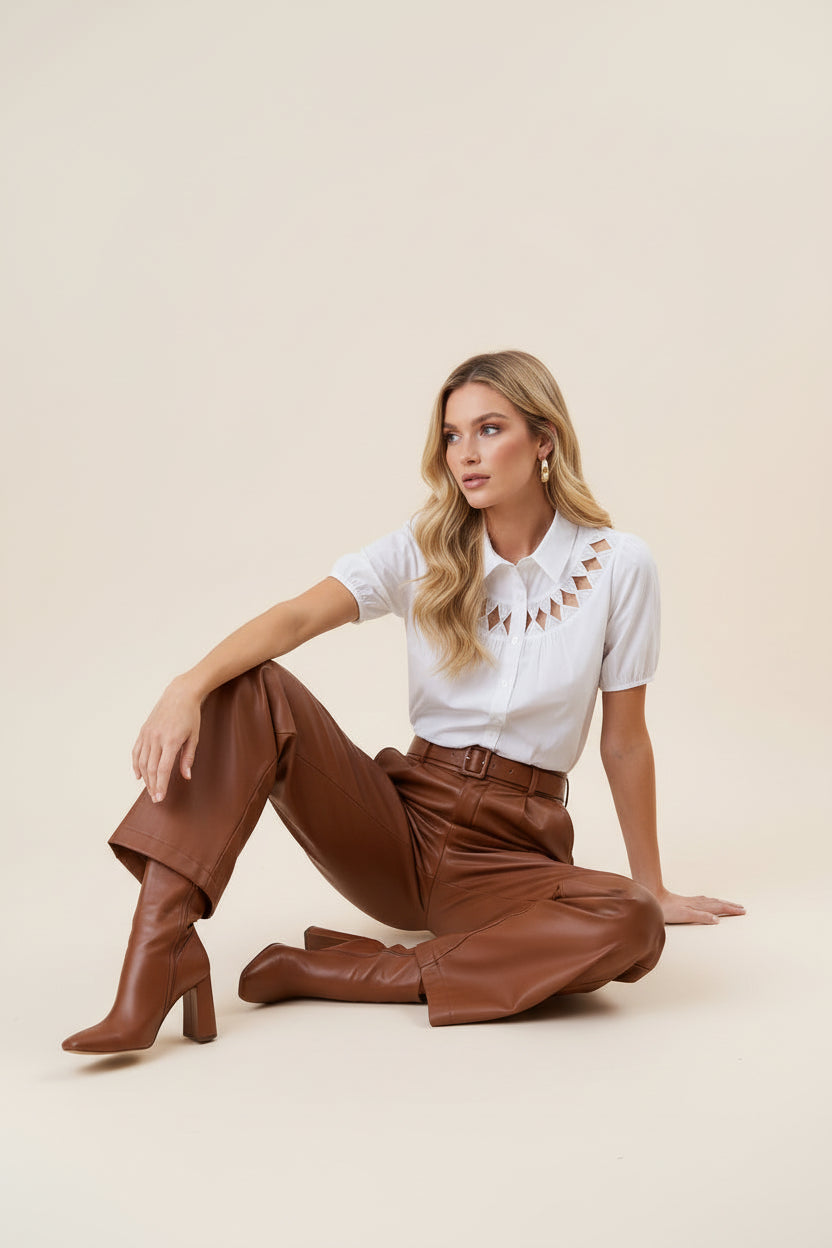 Short Sleeve Button Down Cut Out Top Ivory