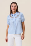 Short Sleeve Button Down Cut Out Top Blue