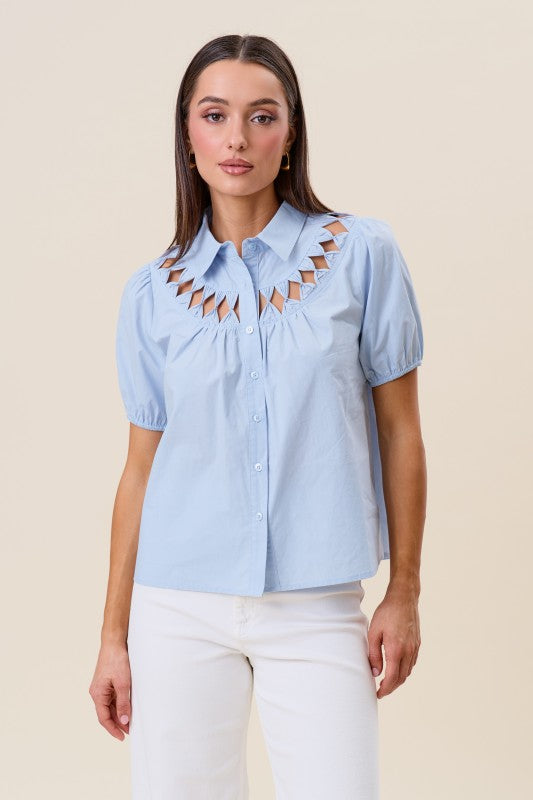 Short Sleeve Button Down Cut Out Top Blue