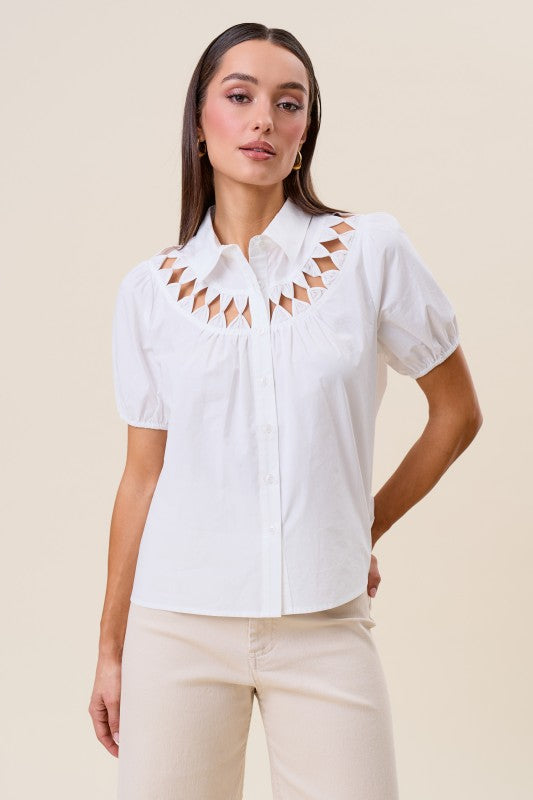 Short Sleeve Button Down Cut Out Top Ivory
