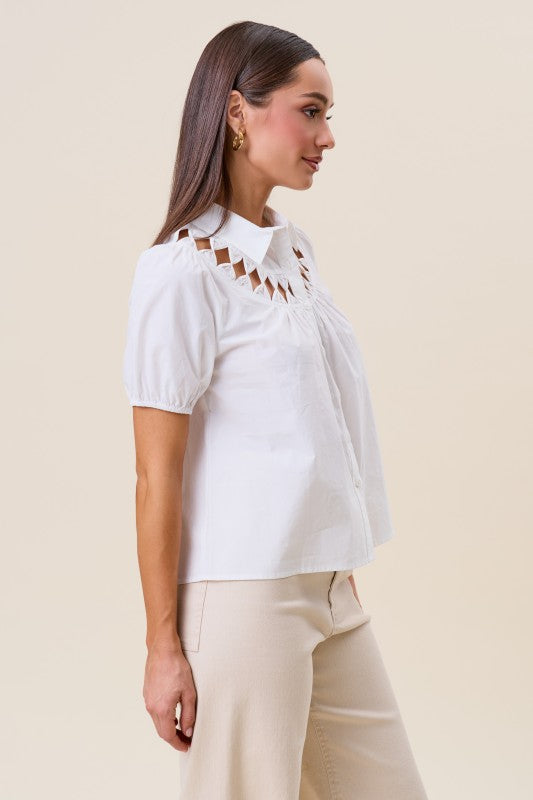 Short Sleeve Button Down Cut Out Top Ivory