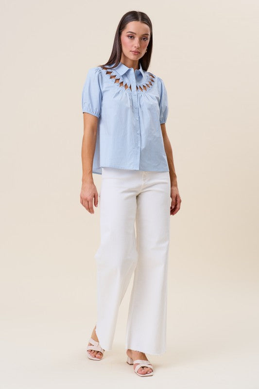 Short Sleeve Button Down Cut Out Top Blue