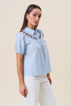 Short Sleeve Button Down Cut Out Top Blue