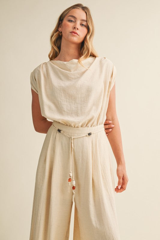 Short Cap Sleeve Waist Tie Wide Leg Woven Jumpsuit Natural