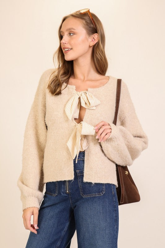  Long Sleeve Gingham Bow Tie Knit Cardigan Beige