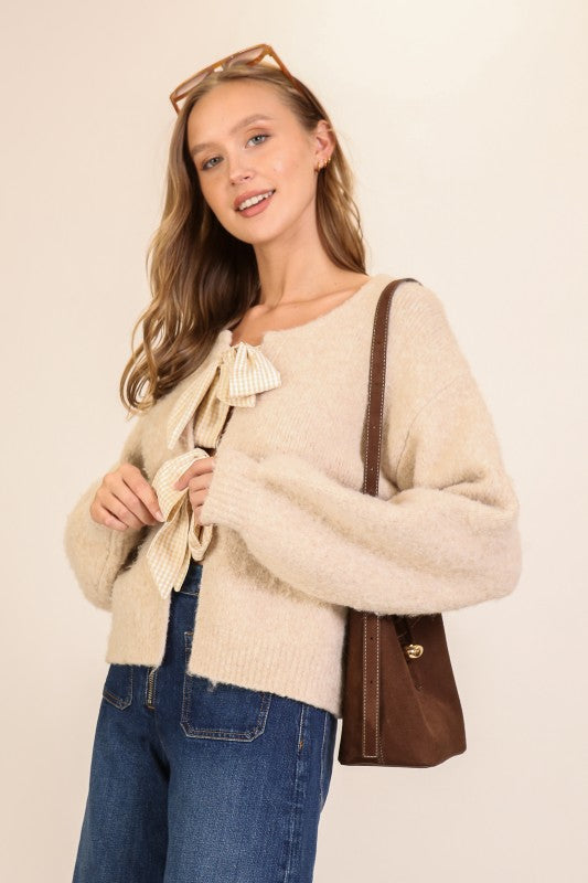  Long Sleeve Gingham Bow Tie Knit Cardigan Beige